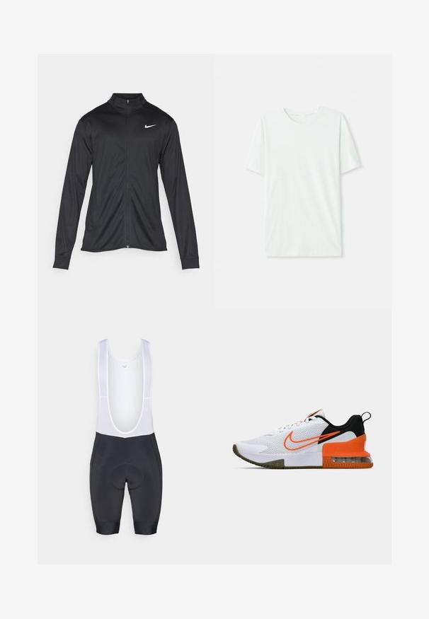 Jachetă sportivă neagră cu mâneci lungi, guler și fermoar complet. Prezintă un logo Nike subtil, alb, pe pieptul din stânga sus. Textură netedă.; Tricou scurt, de culoare verde mentă, din țesătură moale. Are un gât rotund și o croială simplă, dreaptă, fără embellishments.; Pantaloni scurți pentru ciclism pentru bărbați, confecționați dintr-un material respirabil de culoare neagră, având bretele din plasă albă, un scaun căptușit și deschideri pentru picioare fără cusături.; Pantofii sport albi au un superior din plasă texturată, accente negre și portocalii, o talpă din cauciuc groasă și o secțiune de amortizare transparentă la călcâi.