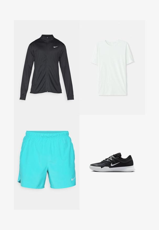 Svart idrottsjacka med långa ärmar, krage och full dragkedja. Har en diskret Nike-logga i vitt på övre vänstra bröstet. Slät yta.; Ljus mintgrön t-shirt med kort ärm gjord av mjukt tyg. Har rundad halsringning och en enkel, rak passform utan utsmyckningar.; Turkosa sportshorts gjorda av lätt material. Har en elastisk midja och en vit Nike-logga på nederkanten av det högra benet.; Svarta träningsskor med en texturerad ovandel, vit Nike-logga och en vit gummisula. Har snörningsdesign och en dynamisk form.