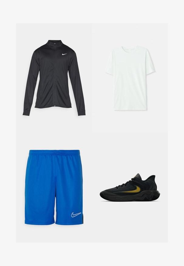 Μαύρο αθλητικό μπουφάν με μακριά μανίκια, γιακά και πλήρη φερμουάρ. Διαθέτει ένα διακριτικό λευκό λογότυπο της Nike στη πάνω αριστερή πλευρά του στήθους. Λείος υφασμάτινος χαρακτήρας.; Φωτεινό μέντα πράσινο κοντομάνικο μπλουζάκι από μαλακό ύφασμα. Διαθέτει στρογγυλή λαιμόκοψη και απλή, ευθεία γραμμή χωρίς διακοσμήσεις.; Nike Performance SHORT - Αθλητικό σορτς - royal blue/obsidian/white; Μαύρο και σκούρο γκρίζο αθλητικό παπούτσι με μαύρες κορδόνες και χρυσό λογότυπο σούσι, με κυματιστό σχέδιο σόλας και επενδυμένο κολάρο στον αστράγαλο.