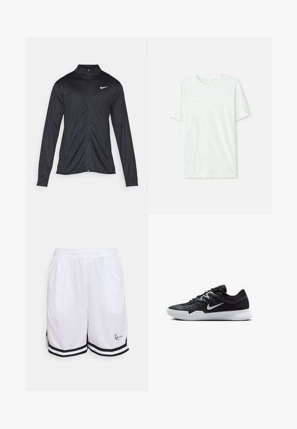 Fekete sportdzseki hosszú ujjal, gallérral és teljes cipzárral. Diszkrét fehér Nike logóval az upper bal mellen. Sima textúra.; Világos menta zöld, rövidujjú póló, puha anyagból készült. Kerek nyakkivágással és egyszerű, egyenes szabással rendelkezik, díszítések nélkül.; Fehér sportos rövidnadrág könnyű anyagból, fekete csíkkal a szegélyén, és egy jellegzetes logóval az elülső bal alsó részen.; Fekete sportcipő texturált felsőrésszel, fehér Nike logóval és fehér gumitalppal. Fűzős kialakítással és dinamikus formával rendelkezik.