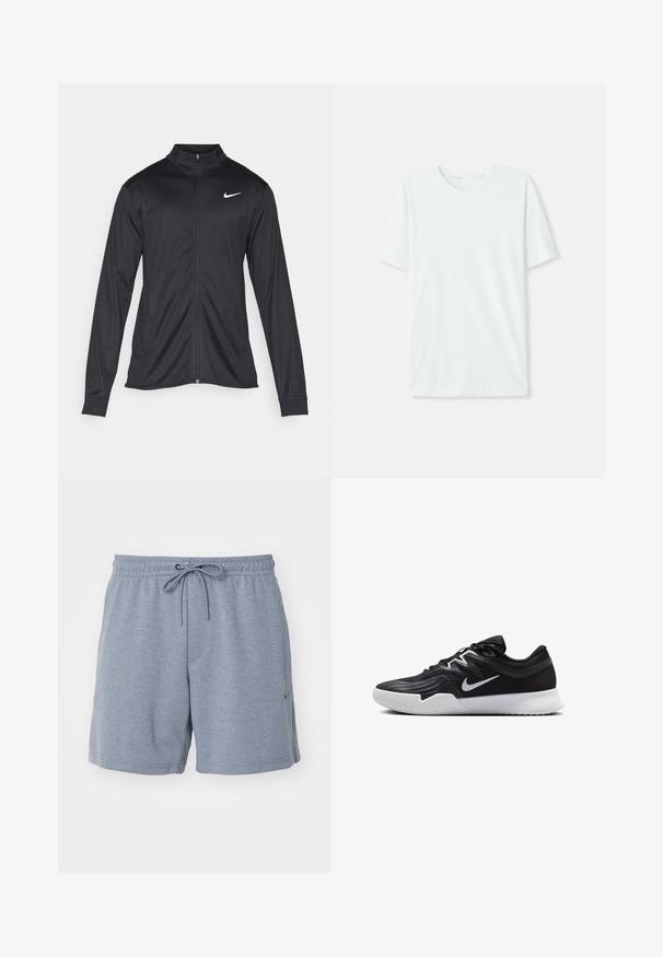 Juodas sportinis švarkas su ilgomis rankovėmis, apykakle ir pilnu užtrauktuku. Yra subtilus baltas Nike logotipas kairėje krūtinės pusėje. Lygus tekstūra.; Šviesiai mėtos žalios spalvos trumpų rankovių marškinėliai, pagaminti iš minkštos medžiagos. Turi apvalią iškirptę ir paprastą tiesų siluetą be dekoro.; Pilkos sportinės šortai, pagaminti iš minkštos, kvėpuojančios medžiagos. Įrengtas elastingas juosmuo su raišteliu ir šoninėmis kišenėmis.; Juodos sportinės bateliai su tekstūruota viršutine dalimi, balta Nike swoosh ir balta gumine išorine dalimi. Yra su raištelių užsegimo dizainu ir dinamine forma.