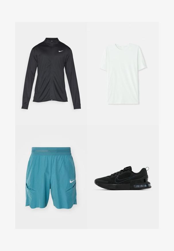 Crna sportska jakna s dugim rukavima, ovratnikom i punim patentnim zatvaračem. Ima suptilan Nike logo u bijeloj boji na gornjem lijevom dijelu prsne oznake. Glatka tekstura.; Svijetlo mint zelena majica kratkih rukava izrađena od mekog materijala. Ima okrugli vrat i jednostavan, ravni kroj bez ukrasa.; Tirkizne sportske kratke hlače od laganog materijala, s rastezljivim pojasom, dva bočna džepa i bijelim Nike logotipom na donjoj lijevoj strani.; Crne Nike sportske tenisice s mrežastim gornjim dijelom, gumenim potplatom, podstavljenim ovratnikom i istaknutim prozirnim akcentom na peti.