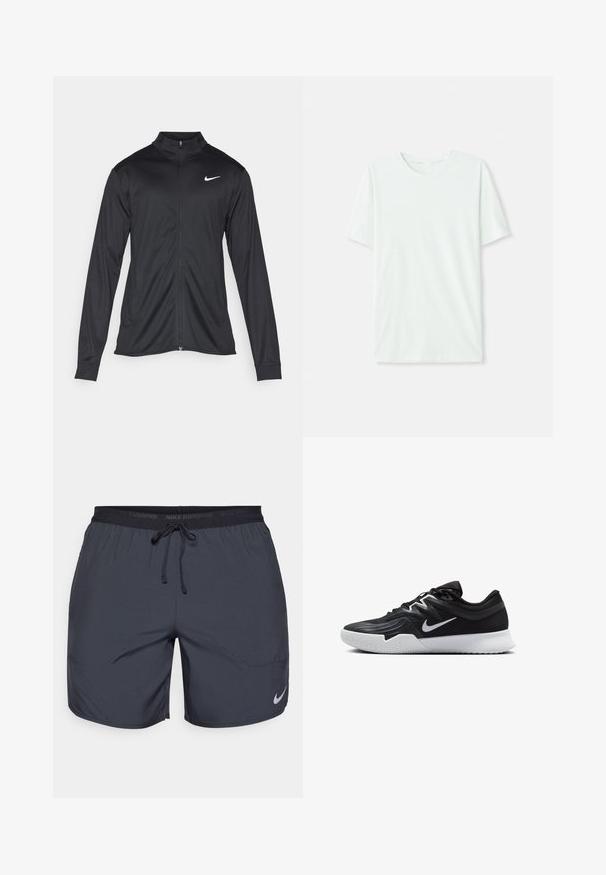 Fekete sportdzseki hosszú ujjal, gallérral és teljes cipzárral. Diszkrét fehér Nike logóval az upper bal mellen. Sima textúra.; Világos menta zöld, rövidujjú póló, puha anyagból készült. Kerek nyakkivágással és egyszerű, egyenes szabással rendelkezik, díszítések nélkül.; Sötétszürke Nike futóshorts, elasztikus derékkal és húzózsinórral, az alsó jobb lábszáron ezüst színű logóval.; Fekete sportcipő texturált felsőrésszel, fehér Nike logóval és fehér gumitalppal. Fűzős kialakítással és dinamikus formával rendelkezik.