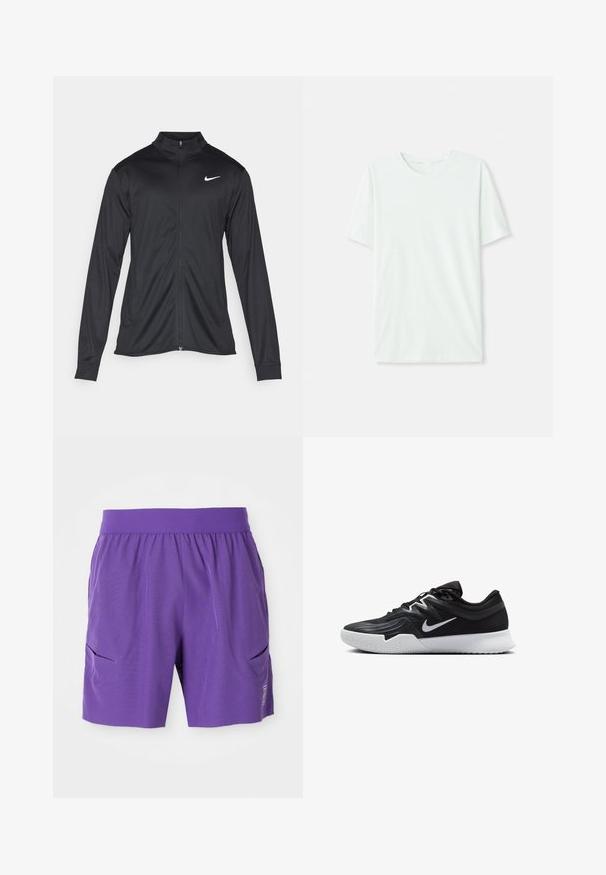 Juodas sportinis švarkas su ilgomis rankovėmis, apykakle ir pilnu užtrauktuku. Yra subtilus baltas Nike logotipas kairėje krūtinės pusėje. Lygus tekstūra.; Šviesiai mėtos žalios spalvos trumpų rankovių marškinėliai, pagaminti iš minkštos medžiagos. Turi apvalią iškirptę ir paprastą tiesų siluetą be dekoro.; Violet sportinės šortai su elastingu juosmeniu, dviem šoninės kišenėmis ir lygiu paviršiumi. Paprastas dizainas su logotipu apatinėje priekyje.; Juodos sportinės bateliai su tekstūruota viršutine dalimi, balta Nike swoosh ir balta gumine išorine dalimi. Yra su raištelių užsegimo dizainu ir dinamine forma.