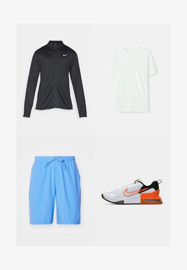 Juodas sportinis švarkas su ilgomis rankovėmis, apykakle ir pilnu užtrauktuku. Yra subtilus baltas Nike logotipas kairėje krūtinės pusėje. Lygus tekstūra.; Šviesiai mėtos žalios spalvos trumpų rankovių marškinėliai, pagaminti iš minkštos medžiagos. Turi apvalią iškirptę ir paprastą tiesų siluetą be dekoro.; Šviesiai mėlyni maudymosi šortai, pagaminti iš lygaus audinio, su elastinga juosta ir raišteliu, taip pat turi šonines kišenes.; Baltas sportinis batas su tekstūruota tinkline viršutine dalimi, juodais ir oranžiniais akcentais, storu guminio pado sluoksniu ir AIr pagalvės skaidriąja dalimi kulne.