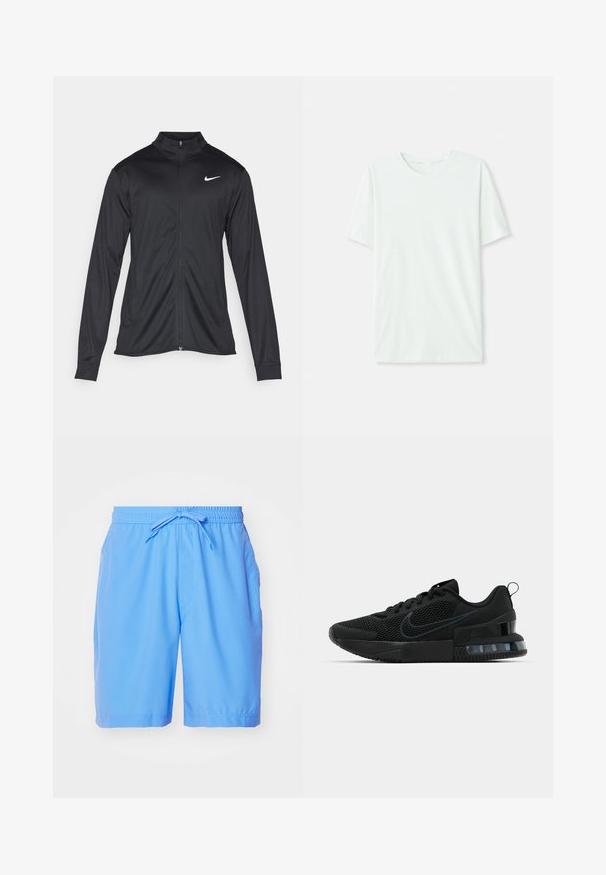 Black athletic jacket with long sleeves, collar, and full zipper. Features a subtle Nike logo in white on the upper left chest. Smooth texture.; Light mint green short-sleeve t-shirt made of soft fabric. Features a crew neckline and a simple, straight cut without embellishments.; Light blue swim shorts made of smooth fabric, featuring an elastic waistband with a drawstring and side pockets.; Black Nike athletic shoe featuring a mesh upper, rubber sole, padded collar, and a distinct transparent heel accent.