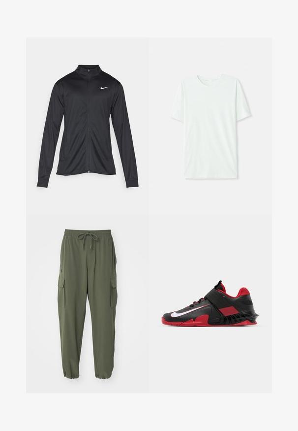 Črna atletska jakna z dolgimi rokavi, ovratnikom in polnim zadrgo. Vključuje diskreten bel Nike logotip na zgornjem levem delu prsnega koša. Gladka tekstura.; Svetlo mint zelena majica s kratkimi rukavi, izdelana iz mehkega blaga. Ima okroglo ovratnico in preprost, ravno kroj brez okrasnih elementov.; Olivno zeleni vojaški hlače iz mehkega blaga, z elastičnim pasom, vrvico za zategovanje in več stranskimi žepi. Robovi so zoženi.; Črne in rdeče atletske teniske z elegantnim dizajnom, teksturiranim mrežastim zgornjim delom, trdnim gumijastim podplatom in izpostavljenim belim logotipom.