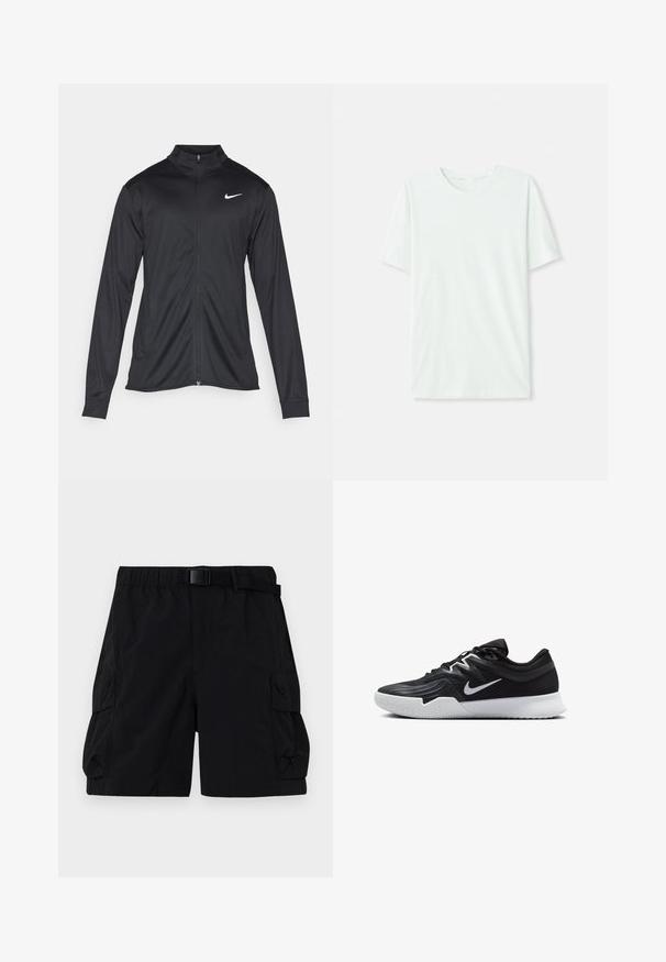 Črna atletska jakna z dolgimi rokavi, ovratnikom in polnim zadrgo. Vključuje diskreten bel Nike logotip na zgornjem levem delu prsnega koša. Gladka tekstura.; Svetlo mint zelena majica s kratkimi rukavi, izdelana iz mehkega blaga. Ima okroglo ovratnico in preprost, ravno kroj brez okrasnih elementov.; Črne cargo kratke hlače z elastičnim pasom, nastavljivim pasom in dvema stranskima žepoma z strukturirano teksturo.; Črne atletske čevlje z teksturirano zgornjico, belim Nike znakom in belim gumijastim zunanjim podplatom. Imajo vezalni dizajn in dinamično obliko.