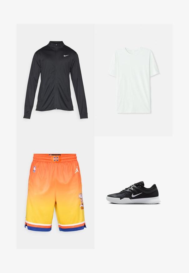 Crna sportska jakna s dugim rukavima, ovratnikom i punim patentnim zatvaračem. Ima suptilan Nike logo u bijeloj boji na gornjem lijevom dijelu prsne oznake. Glatka tekstura.; Svijetlo mint zelena majica kratkih rukava izrađena od mekog materijala. Ima okrugli vrat i jednostavan, ravni kroj bez ukrasa.; Košarkaške kratke hlače u gradijentu od narančaste do žute, s mrežastom tkaninom, bijelim Jordan logom i detaljem s crtanog junaka sa strane. Elastičan pojas.; Crna sportska cipela s teksturiranim gornjim dijelom, bijelim Nike swooshom i bijelim gumennim potplatom. Ima dizajn s vezanjem i dinamičan oblik.