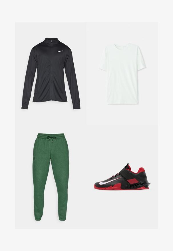 Crna sportska jakna s dugim rukavima, ovratnikom i punim patentnim zatvaračem. Ima suptilan Nike logo u bijeloj boji na gornjem lijevom dijelu prsne oznake. Glatka tekstura.; Svijetlo mint zelena majica kratkih rukava izrađena od mekog materijala. Ima okrugli vrat i jednostavan, ravni kroj bez ukrasa.; Zelena jogger hlače od mekog, teksturiranog materijala. Imaju elastičnu narukvicu s dodatkom i mali logo sa strane.; Crne i crvene atletske tenisice s modernim dizajnom, teksturiranim mrežastim gornjištem, čvrstim gumeni potplat i istaknutim bijelim logotipom.