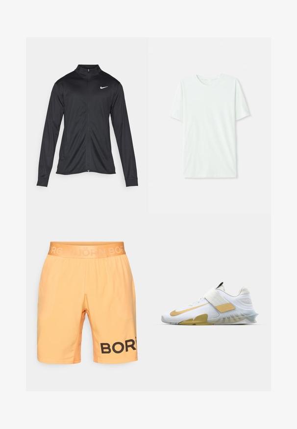 Μαύρο αθλητικό μπουφάν με μακριά μανίκια, γιακά και πλήρη φερμουάρ. Διαθέτει ένα διακριτικό λευκό λογότυπο της Nike στη πάνω αριστερή πλευρά του στήθους. Λείος υφασμάτινος χαρακτήρας.; Φωτεινό μέντα πράσινο κοντομάνικο μπλουζάκι από μαλακό ύφασμα. Διαθέτει στρογγυλή λαιμόκοψη και απλή, ευθεία γραμμή χωρίς διακοσμήσεις.; Αθλητικές σορτς σε φωτεινό πορτοκαλί χρώμα με μαύρο λογότυπο με κουκκίδες στην κάτω αριστερή πλευρά και ελαστική μέση με την ένδειξη "BJÖRN".; Λευκό αθλητικό παπούτσι με χρυσές λεπτομέρειες, διαπνεόμενο πλέγμα στην επάνω επιφάνεια, μαλακό κολάρο και διαφανή ελαστική σόλα· διαθέτει μια φαρδιά ταινία στη μέση του ποδιού.