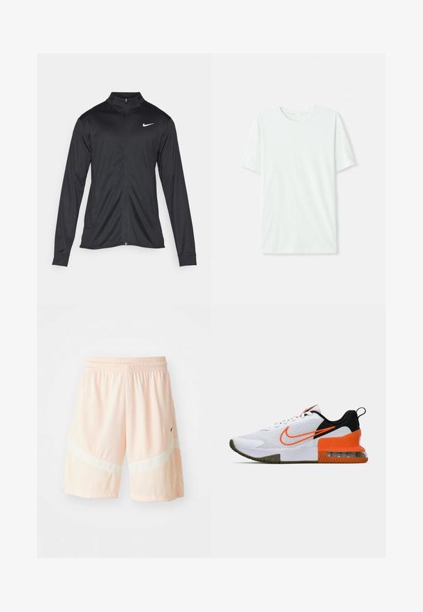 Čierna športová bunda s dlhými rukávmi, golierom a plným zipsom. Obsahuje nenápadné logo Nike v bielej farbe na hornej ľavej hrudi. Hladká textúra.; Svetlo mentolová kráťacia tričko s krátkym rukávom vyrobené z jemnej látky. Má okrúhly výstrih a jednoduchý, rovný strih bez ozdôb.; Broky atletické šortky z priedušného sieťovaného materiálu, s bielymi akcentmi a elastickým pásom pre pohodlie a flexibilitu.; Biele športové topánky s textúrovaným sieťovaným zvrškom, čiernymi a oranžovými akcentmi, hrubou gumovou podrážkou a priesvitnou vzduchovou vankúšikovou časťou na päte.