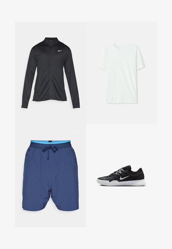 Must värvi sportlik jakk pikkade varrukatega, krae ja täispikk tõmblukk. Ülemises vasakus rinnas on diskreetne valge Nike logo. Sile tekstuur.; Heleheline mintroheline lühikeste varrukatega t-särk, mis on valmistatud pehmest kangast. Omab ümmargust kaelust ja lihtsat, sirget lõiget ilma kaunistusteta.; Tumedate lühikesed püksid elastse vöökohtaga, helesiniste detailidega ja küljetaskutega. Valmistatud siledast ja kergest materjalist.; Must mustad jalanikesad rikaste ülaservaga, valge Nike swoosh'i ja valge kummist välispõhjaga. Omab paeltega sulgemisdetaili ja dünaamilist kuju.