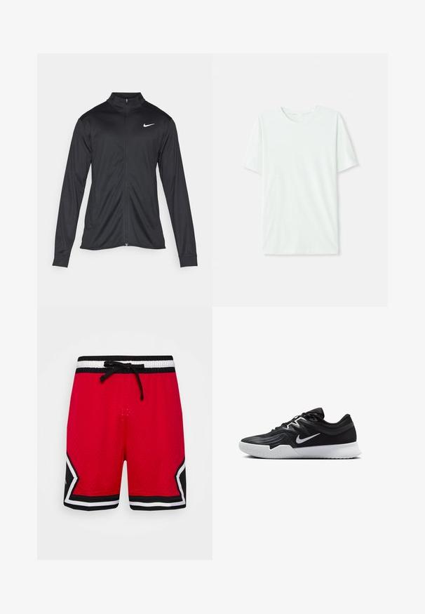 Juodas sportinis švarkas su ilgomis rankovėmis, apykakle ir pilnu užtrauktuku. Yra subtilus baltas Nike logotipas kairėje krūtinės pusėje. Lygus tekstūra.; Šviesiai mėtos žalios spalvos trumpų rankovių marškinėliai, pagaminti iš minkštos medžiagos. Turi apvalią iškirptę ir paprastą tiesų siluetą be dekoro.; Jordan DIAMOND SHORT - Sportiniai šortai - gym red/black; Juodos sportinės bateliai su tekstūruota viršutine dalimi, balta Nike swoosh ir balta gumine išorine dalimi. Yra su raištelių užsegimo dizainu ir dinamine forma.