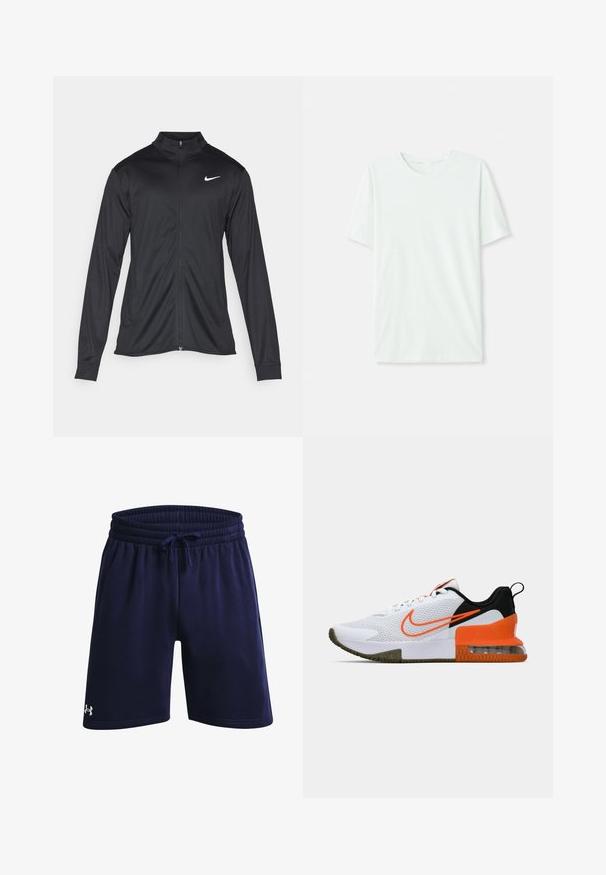 Czarna sportowa kurtka z długimi rękawami, kołnierzem i pełnym zamkiem. Posiada subtelne logo Nike w białym kolorze na lewej górnej części klatki piersiowej. Gładka tekstura.; Jasno miętowa koszulka z krótkim rękawem, wykonana z miękkiego materiału. Posiada okrągły dekolt oraz prosty krój bez zdobień.; Granatowe szorty sportowe wykonane z miękkiego materiału, z elastycznym pasem z sznurkiem i małym białym logo po lewej stronie u dołu.; Białe sportowe buty z teksturowaną siateczką, czarnymi i pomarańczowymi akcentami, grubą gumową podeszwą oraz przezroczystą poduszką powietrzną w części piętowej.