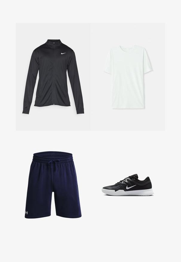 Zwarte sportjack met lange mouwen, kraag en volle rits. Voorzien van een subtiele Nike-logo in het wit op de bovenste linkerborst. Soepele textuur.; Licht mintgroen T-shirt met korte mouwen, gemaakt van zachte stof. Het heeft een ronde halslijn en een simpele, rechte snit zonder versieringen.; Marineblauwe sportshorts gemaakt van zachte stof, met een elastische tailleband en trekkoord, en een klein wit logo aan de onderzijde aan de linkerkant.; Zwarte sportieve schoen met een gestructureerde bovenkant, witte Nike swoosh en een witte rubberen zool. Beschikt over een veterontwerp en een dynamische vorm.
