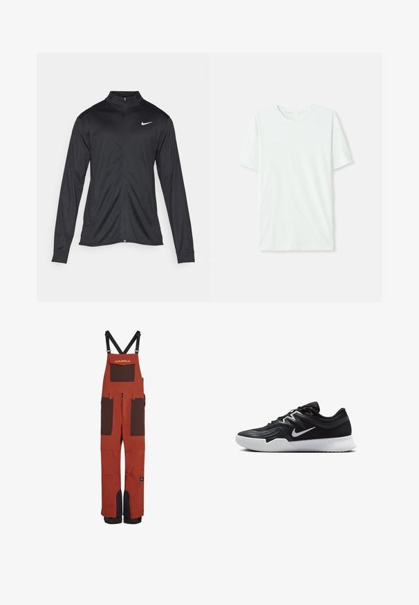 Veste de sport noire à manches longues, avec col et fermeture éclair intégrale. Présente un logo Nike subtil en blanc sur le côté supérieur gauche de la poitrine. Texture lisse.; T-shirt à manches courtes vert menthe clair en tissu doux. Dispose d'un col rond et d'une coupe simple et droite sans embellissements.; Salopettes imperméables rouges avec détails marron, bretelles ajustables, plusieurs poches et poignets renforcés pour plus de durabilité.; Chaussure de sport noire avec une tige texturée, un swoosh blanc de Nike et une semelle extérieure en caoutchouc blanc. Elle présente un design à lacets et une forme dynamique.
