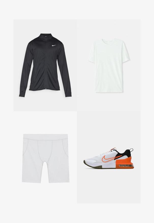 Jacket desportivo preto com mangas longas, colarinho e fecho zip completo. Apresenta um discreto logotipo da Nike em branco na parte superior do lado esquerdo do peito. Textura suave.; T-shirt curto de manga curta em verde menta claro, feito de tecido suave. Apresenta um decote redondo e um corte simples e reto, sem adornos.; Calções atléticos brancos com uma textura suave, apresentando costuras certas e dois bolsos laterais. Comprimento até à coxa com um design ajustado.; Shoe desportivo branco com um upper de malha texturizada, detalhes em preto e laranja, uma sola de borracha grossa e uma seção de amortecimento de ar transparente no calcanhar.