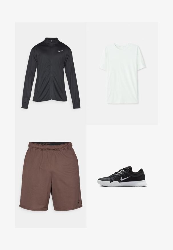 Veste de sport noire à manches longues, avec col et fermeture éclair intégrale. Présente un logo Nike subtil en blanc sur le côté supérieur gauche de la poitrine. Texture lisse.; T-shirt à manches courtes vert menthe clair en tissu doux. Dispose d'un col rond et d'une coupe simple et droite sans embellissements.; Shorts de sport marron avec une ceinture élastique, en tissu texturé et avec un petit logo Nike noir sur le bas à droite.; Chaussure de sport noire avec une tige texturée, un swoosh blanc de Nike et une semelle extérieure en caoutchouc blanc. Elle présente un design à lacets et une forme dynamique.