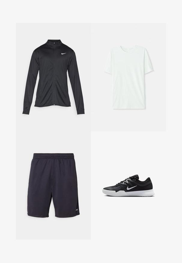 Črna atletska jakna z dolgimi rokavi, ovratnikom in polnim zadrgo. Vključuje diskreten bel Nike logotip na zgornjem levem delu prsnega koša. Gladka tekstura.; Svetlo mint zelena majica s kratkimi rukavi, izdelana iz mehkega blaga. Ima okroglo ovratnico in preprost, ravno kroj brez okrasnih elementov.; Mornarski šorty iz lahkega materiala z elastičnim pasom, ki imajo subtilen lesk in stranske reze za enostavno gibanje.; Črne atletske čevlje z teksturirano zgornjico, belim Nike znakom in belim gumijastim zunanjim podplatom. Imajo vezalni dizajn in dinamično obliko.