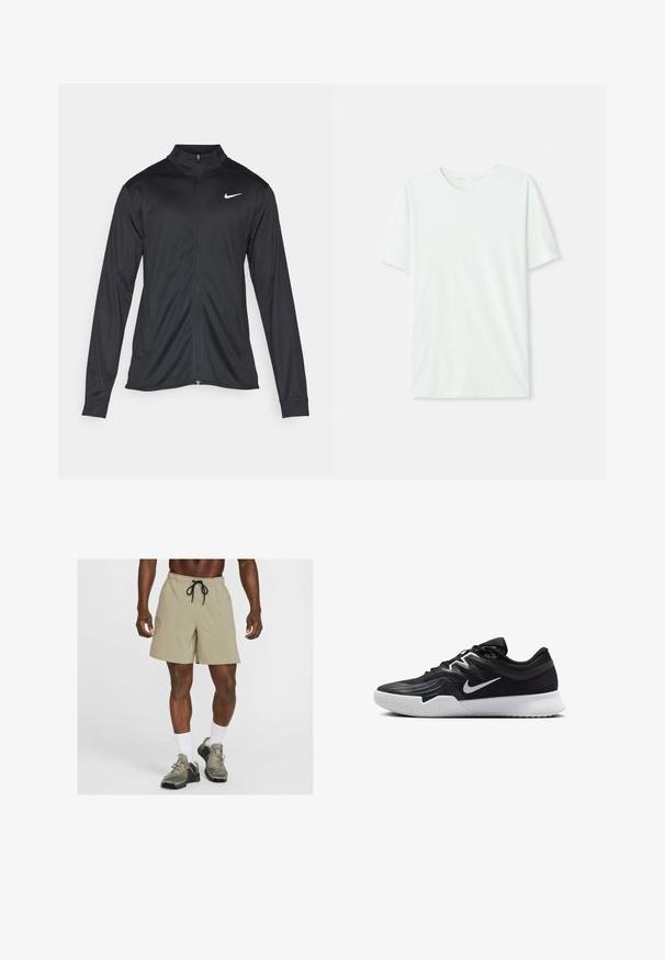 Črna atletska jakna z dolgimi rokavi, ovratnikom in polnim zadrgo. Vključuje diskreten bel Nike logotip na zgornjem levem delu prsnega koša. Gladka tekstura.; Svetlo mint zelena majica s kratkimi rukavi, izdelana iz mehkega blaga. Ima okroglo ovratnico in preprost, ravno kroj brez okrasnih elementov.; Bež športne kratke hlače z elastičnim pasom in črno vrvico. Dva stranska žepa in majhna oznaka na levi nogi.; Črne atletske čevlje z teksturirano zgornjico, belim Nike znakom in belim gumijastim zunanjim podplatom. Imajo vezalni dizajn in dinamično obliko.