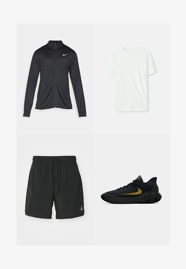 Svart idrottsjacka med långa ärmar, krage och full dragkedja. Har en diskret Nike-logga i vitt på övre vänstra bröstet. Slät yta.; Ljus mintgrön t-shirt med kort ärm gjord av mjukt tyg. Har rundad halsringning och en enkel, rak passform utan utsmyckningar.; Svarta sportshorts i lättviktsmaterial. Har resårmidja med dragsko och en liten vit logotyp på nedre vänstra sidan.; Svart och mörkgrå sportskor med svarta snören och gul swoosh-logotyp, utrustad med en vågig sula och vadderad hälkrage.