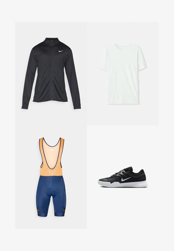 Fekete sportdzseki hosszú ujjal, gallérral és teljes cipzárral. Diszkrét fehér Nike logóval az upper bal mellen. Sima textúra.; Világos menta zöld, rövidujjú póló, puha anyagból készült. Kerek nyakkivágással és egyszerű, egyenes szabással rendelkezik, díszítések nélkül.; Kék kerékpáros bib sort narancssárga hálós pántokkal, párnázott üléssel és kontrasztos logó részletekkel. Formázott dizájn és sima textúra jellemzi.; Fekete sportcipő texturált felsőrésszel, fehér Nike logóval és fehér gumitalppal. Fűzős kialakítással és dinamikus formával rendelkezik.