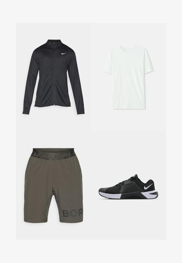 Must värvi sportlik jakk pikkade varrukatega, krae ja täispikk tõmblukk. Ülemises vasakus rinnas on diskreetne valge Nike logo. Sile tekstuur.; Heleheline mintroheline lühikeste varrukatega t-särk, mis on valmistatud pehmest kangast. Omab ümmargust kaelust ja lihtsat, sirget lõiget ilma kaunistusteta.; Björn Borg SHORTS - Spordišortsid - peat; Nike Performance METCON 10 - Treeningjalatsid - black/white/anthracite