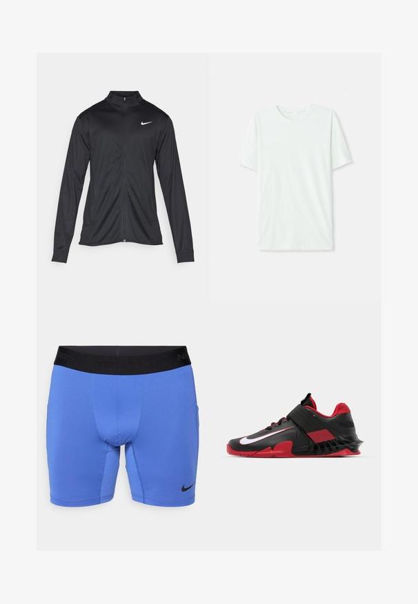 Crna sportska jakna s dugim rukavima, ovratnikom i punim patentnim zatvaračem. Ima suptilan Nike logo u bijeloj boji na gornjem lijevom dijelu prsne oznake. Glatka tekstura.; Svijetlo mint zelena majica kratkih rukava izrađena od mekog materijala. Ima okrugli vrat i jednostavan, ravni kroj bez ukrasa.; Plave atletske kratke hlače od rastezljivog materijala, s crnim elastičnim pojasom na kojem je ispisan tekst "Nike Pro" i malim crnim logotipom u donjem lijevom kutu.; Crne i crvene atletske tenisice s modernim dizajnom, teksturiranim mrežastim gornjištem, čvrstim gumeni potplat i istaknutim bijelim logotipom.