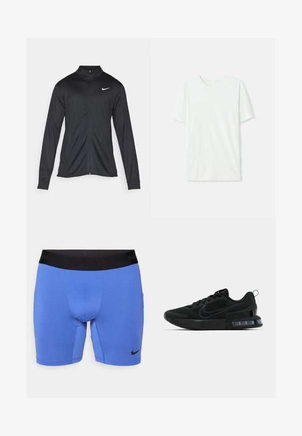 Crna sportska jakna s dugim rukavima, ovratnikom i punim patentnim zatvaračem. Ima suptilan Nike logo u bijeloj boji na gornjem lijevom dijelu prsne oznake. Glatka tekstura.; Svijetlo mint zelena majica kratkih rukava izrađena od mekog materijala. Ima okrugli vrat i jednostavan, ravni kroj bez ukrasa.; Plave atletske kratke hlače od rastezljivog materijala, s crnim elastičnim pojasom na kojem je ispisan tekst "Nike Pro" i malim crnim logotipom u donjem lijevom kutu.; Crne Nike sportske tenisice s mrežastim gornjim dijelom, gumenim potplatom, podstavljenim ovratnikom i istaknutim prozirnim akcentom na peti.