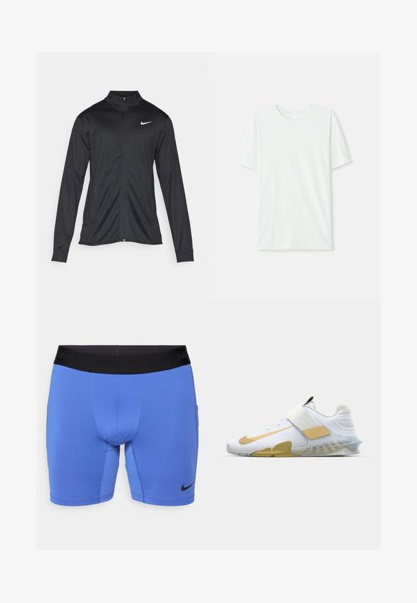 Czarna sportowa kurtka z długimi rękawami, kołnierzem i pełnym zamkiem. Posiada subtelne logo Nike w białym kolorze na lewej górnej części klatki piersiowej. Gładka tekstura.; Jasno miętowa koszulka z krótkim rękawem, wykonana z miękkiego materiału. Posiada okrągły dekolt oraz prosty krój bez zdobień.; Niebieskie spodenki sportowe wykonane z elastycznego materiału, z czarnym elastycznym pasem w talii z napisem "Nike Pro" oraz małym czarnym logo w lewym dolnym rogu.; Białe buty sportowe z złotymi akcentami, teksturowana siateczka na cholewce, wyściełany kołnierz i przejrzysta gumowa podeszwa; posiada szeroki pasek w środkowej części stopy.