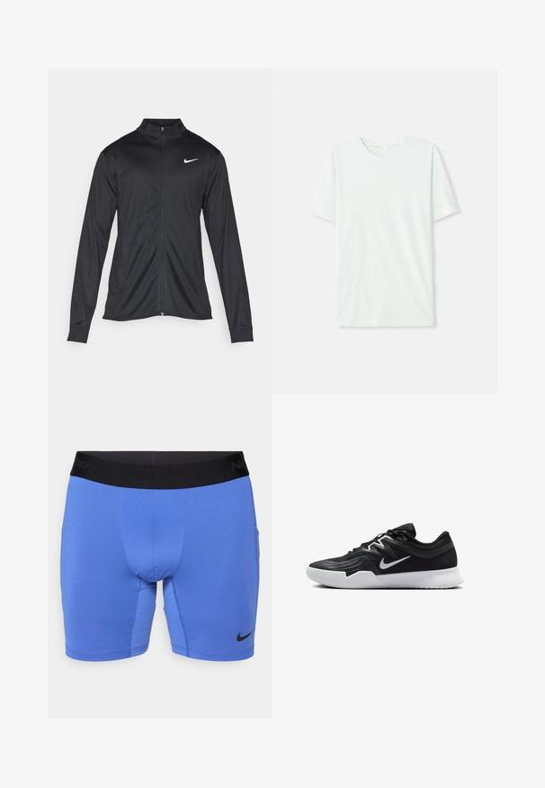 Black athletic jacket with long sleeves, collar, and full zipper. Features a subtle Nike logo in white on the upper left chest. Smooth texture.; Light mint green short-sleeve t-shirt made of soft fabric. Features a crew neckline and a simple, straight cut without embellishments.; Blue athletic shorts made of stretch fabric, featuring a black elastic waistband with "Nike Pro" text and a small black logo on the lower left.; Black athletic shoe with a textured upper, white Nike swoosh, and a white rubber outsole. Features a lace-up design and dynamic shape.