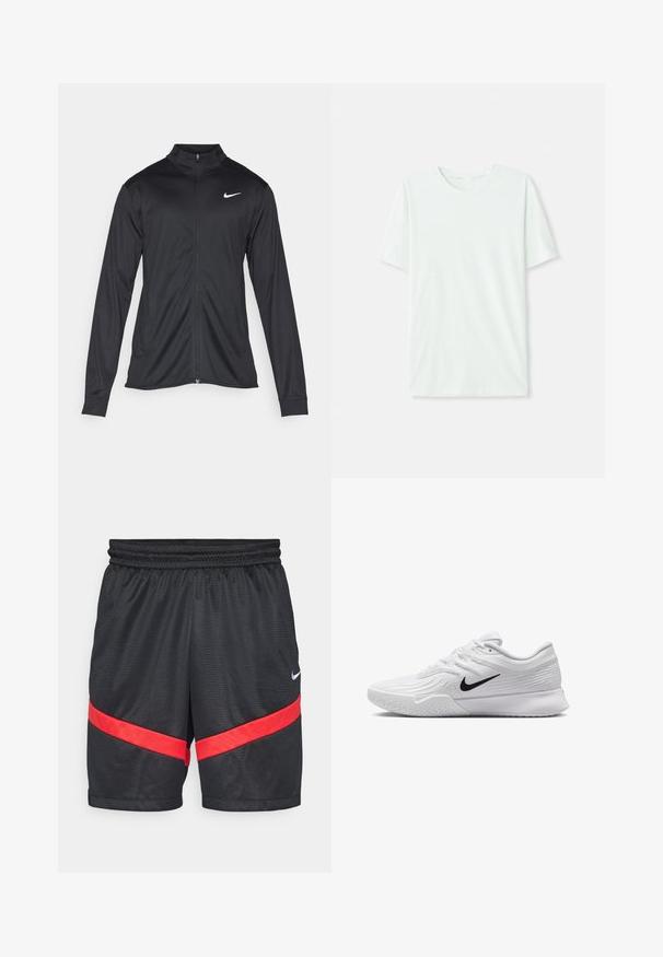 Must värvi sportlik jakk pikkade varrukatega, krae ja täispikk tõmblukk. Ülemises vasakus rinnas on diskreetne valge Nike logo. Sile tekstuur.; Heleheline mintroheline lühikeste varrukatega t-särk, mis on valmistatud pehmest kangast. Omab ümmargust kaelust ja lihtsat, sirget lõiget ilma kaunistusteta.; Nike Performance ICON SHORT - Spordišortsid - black/university red/white; Valge spordijalats, millel on tekstuuriga mesh-ülemine osa, must Nike swoosh, pehmendatud krae ja kummist tald, millel on mustritrepp.