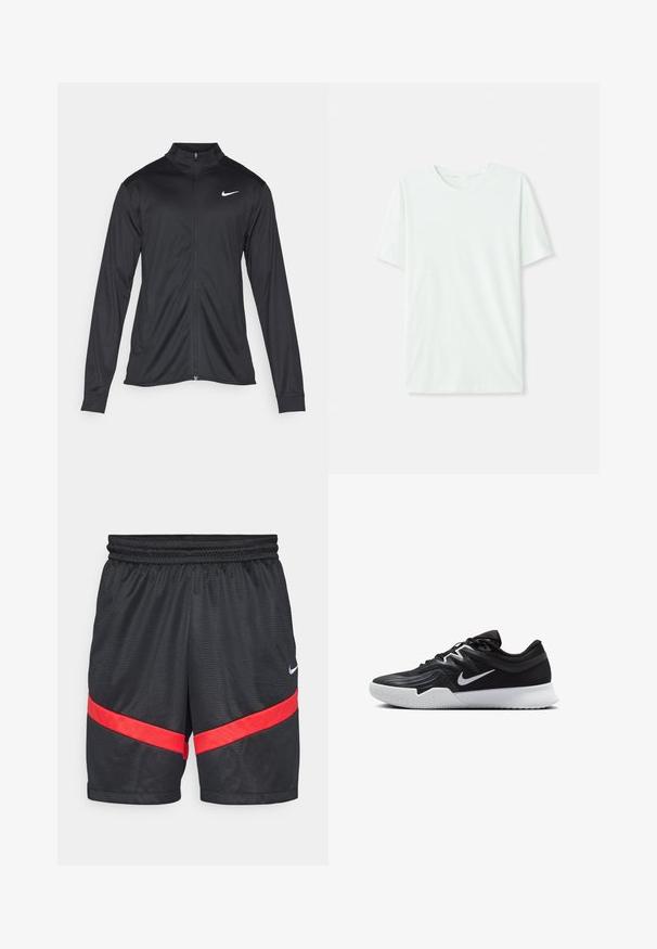 Svart idrettsjakke med lange ermer, krage og full glidelås. Har en subtil Nike-logo i hvitt på øvre venstre bryst. Glatt tekstur.; Lys myntgrønn kortermet t-skjorte laget av myk stoff. Har en rund halslinning og en enkel, rett snitt uten pynt.; Nike Performance ICON SHORT - Sports shorts - black/university red/white; Svart treningssko med teksturert overdel, hvit Nike-swoosh og hvit gummisåle. Har snøring og en dynamisk form.