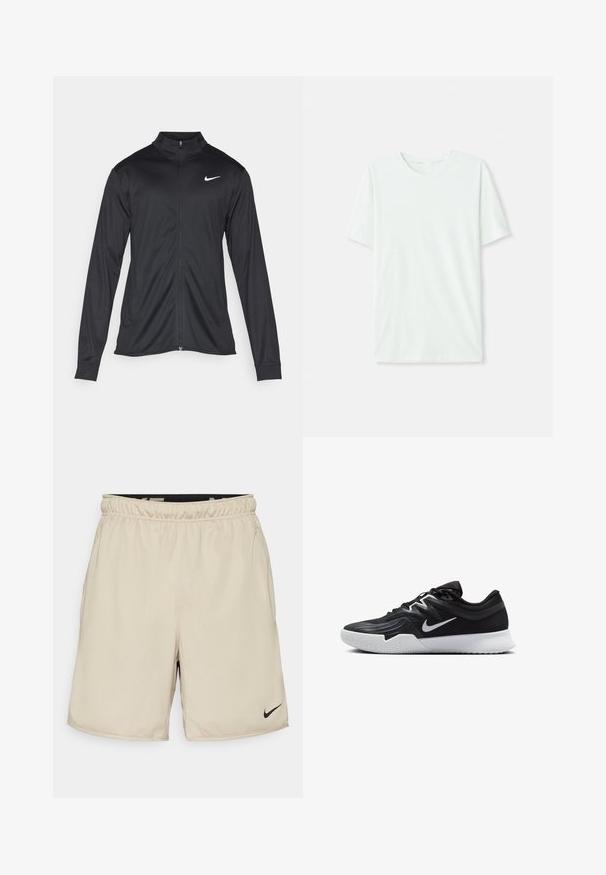 Schwarze Sportjacke mit langen Ärmeln, Kragen und voller Reißverschluss. Verfügt über ein dezentes Nike-Logo in Weiß auf der oberen linken Brust. Glatte Textur.; Helles mintgrünes T-Shirt mit kurzen Ärmeln aus weichem Stoff. Es hat einen Rundhalsausschnitt und einen schlichten, geraden Schnitt ohne Verzierungen.; Beige Sportshorts aus leichtem Material mit einem elastischen Bund, versehen mit einem kleinen schwarzen Nike-Logo auf der unteren rechten Seite.; Schwarzer Sportschuh mit strukturiertem Obermaterial, weißem Nike-Warenzeichen und einer weißen Gummisohle. Verfügt über ein Schnürdesign und eine dynamische Form.