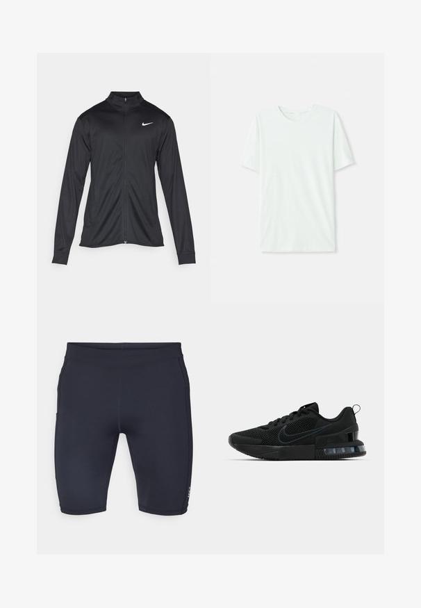 Jachetă sportivă neagră cu mâneci lungi, guler și fermoar complet. Prezintă un logo Nike subtil, alb, pe pieptul din stânga sus. Textură netedă.; Tricou scurt, de culoare verde mentă, din țesătură moale. Are un gât rotund și o croială simplă, dreaptă, fără embellishments.; Pantaloni scurți navy din material elastic cu un design ajustat. Au cusături netede și un mic logo pe piciorul stâng.; Pantofii atletici negri Nike au un superior din plasă, talpă din cauciuc, guler căptușit și un accent distinct transparent în călcâi.