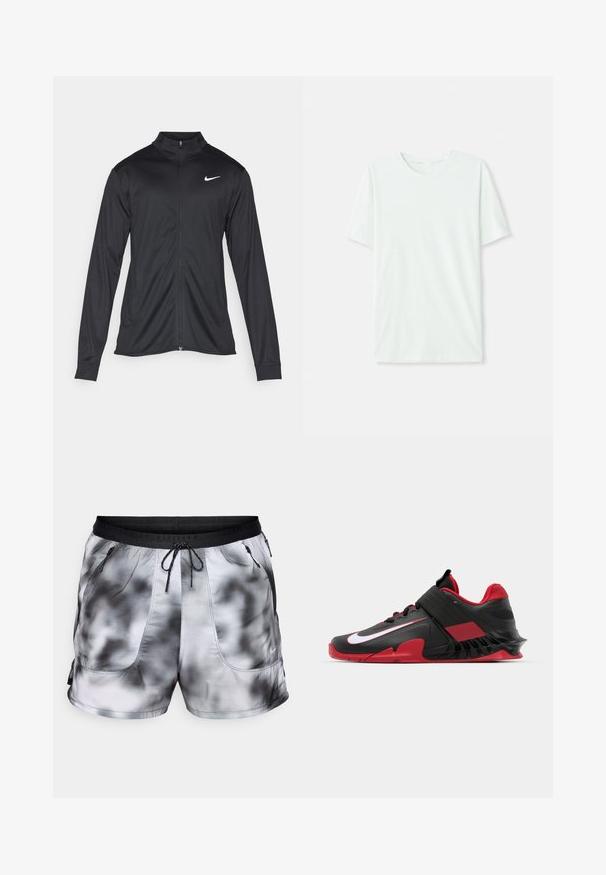 Črna atletska jakna z dolgimi rokavi, ovratnikom in polnim zadrgo. Vključuje diskreten bel Nike logotip na zgornjem levem delu prsnega koša. Gladka tekstura.; Svetlo mint zelena majica s kratkimi rukavi, izdelana iz mehkega blaga. Ima okroglo ovratnico in preprost, ravno kroj brez okrasnih elementov.; Moške športne kratke hlače v črno-beli tie-dye vzoru. Narejene so iz lahkega, zračnega materiala, z dvema žepoma z zadrgo in pasom na vrvico.; Črne in rdeče atletske teniske z elegantnim dizajnom, teksturiranim mrežastim zgornjim delom, trdnim gumijastim podplatom in izpostavljenim belim logotipom.