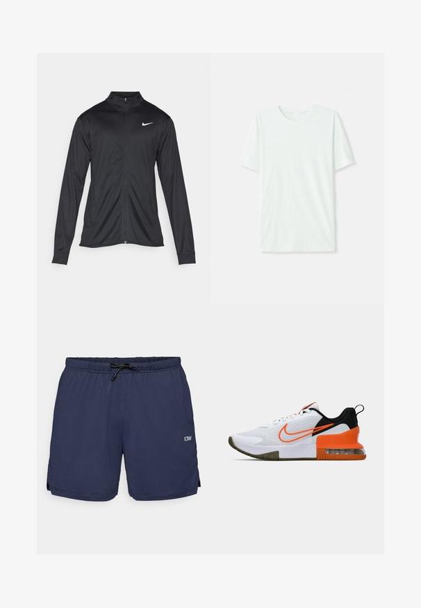 Black athletic jacket with long sleeves, collar, and full zipper. Features a subtle Nike logo in white on the upper left chest. Smooth texture.; Light mint green short-sleeve t-shirt made of soft fabric. Features a crew neckline and a simple, straight cut without embellishments.; Navy blue swim shorts with a textured pattern, elastic waistband, and adjustable drawstring. Features side slits for mobility and a logo detail.; White athletic shoe with a textured mesh upper, black and orange accents, a thick rubber sole, and a clear air cushion section at the heel.