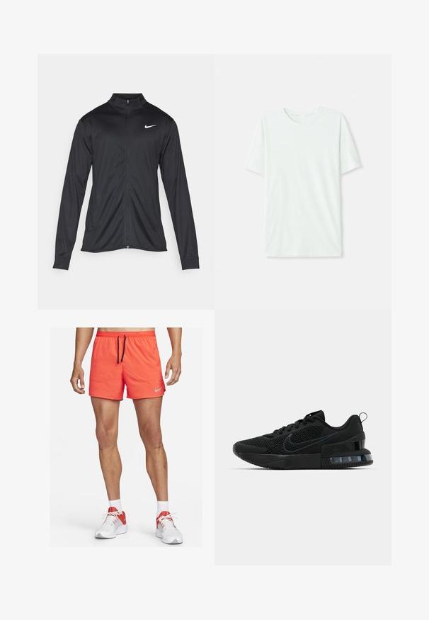 Musta urheilutakki pitkillä hihoilla, kauluksella ja kokonaisella vetoketjulla. Täydentää hienovarainen Nike-logo valkoisena vasemmassa ylärinnassa. Litteä pinta.; Vihreä mintun värinen lyhythihainen t-paita, joka on valmistettu pehmeästä kankaasta. Siinä on pyöreä kaula-aukko ja yksinkertainen, suora leikkaus ilman koristeita.; Nike miesten juoksushortsit kirkkaassa oranssissa, joissa on joustava vyötärönyöri, sivutaskut ja pieni harmaa logo.; Musta Nike urheilukenkä, jossa on verkkomateriaali yläosa, kumipohja, pehmustettu nilkkaosa ja erottuva läpinäkyvä kantaaksentti.