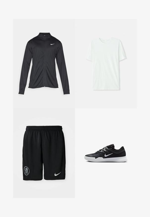 Jachetă sportivă neagră cu mâneci lungi, guler și fermoar complet. Prezintă un logo Nike subtil, alb, pe pieptul din stânga sus. Textură netedă.; Tricou scurt, de culoare verde mentă, din țesătură moale. Are un gât rotund și o croială simplă, dreaptă, fără embellishments.; Pantaloni scurți sport negri, dintr-un material ușor, având o talie elastică, fante laterale, un logo alb Nike și un emblema CFC rotundă.; Pantof sport negru cu un superior texturat, swoosh alb Nike și o tălpică din cauciuc alb. Dispune de un design cu șireturi și o formă dinamică.