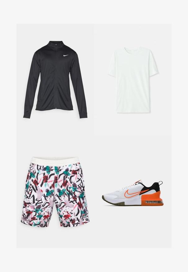 Melna sporta jaka ar garām piedurknēm, apkakli un pilnu rāvējslēdzēju. Uz kreisā krūts augšdaļas ir maigs Nike logo baltā krāsā. Gluda tekstūra.; Gai mints zaļš īsu piedurkņu T-krekls, izgatavots no mīkstas auduma. Tam ir apaļa kakla izgriezuma forma un vienkāršs, taisns griezums bez rotājumiem.; Fila SHORTS LEO - Sporta šorti - graffitti gringe; Balti sporta apavi ar teksturētu sieta augšējo daļu, melniem un oranžiem akcentiem, biezu gumijas zoli un caurspīdīgu gaisa spilvenu daļu pie papēža.