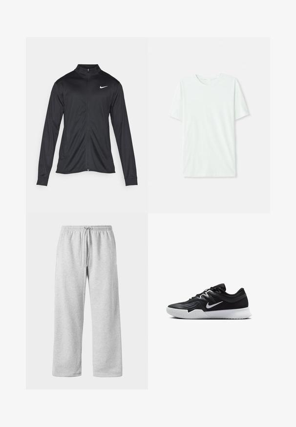 Jachetă sportivă neagră cu mâneci lungi, guler și fermoar complet. Prezintă un logo Nike subtil, alb, pe pieptul din stânga sus. Textură netedă.; Tricou scurt, de culoare verde mentă, din țesătură moale. Are un gât rotund și o croială simplă, dreaptă, fără embellishments.; Pantaloni de trening gri deschis, cu talie reglabilă, realizați dintr-un amestec moale de bumbac, având picioare largi și o textură netedă. Fără buzunare vizibile.; Pantof sport negru cu un superior texturat, swoosh alb Nike și o tălpică din cauciuc alb. Dispune de un design cu șireturi și o formă dinamică.
