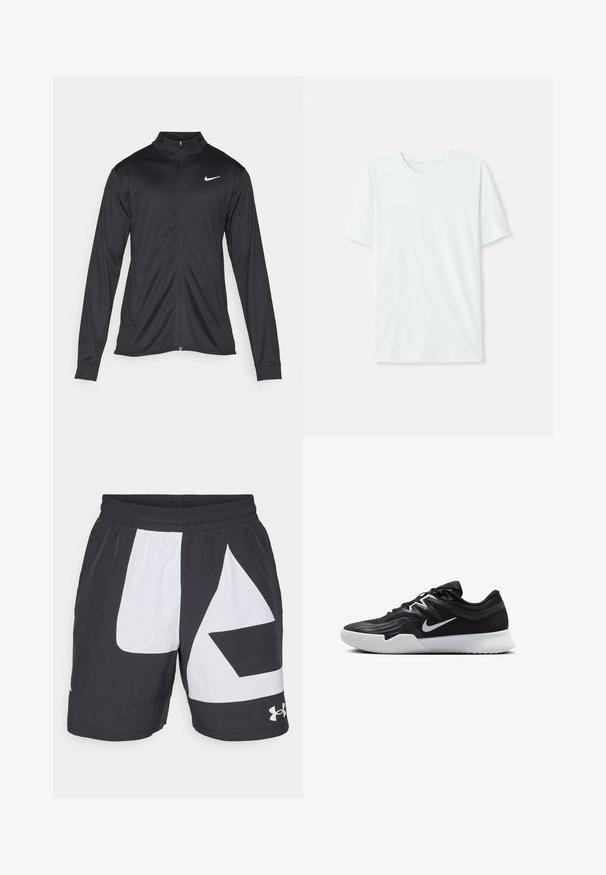 Fekete sportdzseki hosszú ujjal, gallérral és teljes cipzárral. Diszkrét fehér Nike logóval az upper bal mellen. Sima textúra.; Világos menta zöld, rövidujjú póló, puha anyagból készült. Kerek nyakkivágással és egyszerű, egyenes szabással rendelkezik, díszítések nélkül.; Under Armour ZONE SHORT - Sport rövidnadrágok - black/white; Fekete sportcipő texturált felsőrésszel, fehér Nike logóval és fehér gumitalppal. Fűzős kialakítással és dinamikus formával rendelkezik.