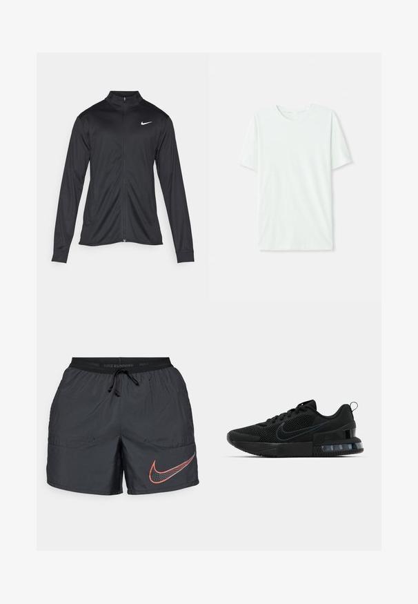 Must värvi sportlik jakk pikkade varrukatega, krae ja täispikk tõmblukk. Ülemises vasakus rinnas on diskreetne valge Nike logo. Sile tekstuur.; Heleheline mintroheline lühikeste varrukatega t-särk, mis on valmistatud pehmest kangast. Omab ümmargust kaelust ja lihtsat, sirget lõiget ilma kaunistusteta.; Mustad mustad Nike jooksujalanõud mustri reguleeritava paelaga vööl ja suur punane ja valge Nike swoosh logo vasakul jalal.; Mustad Nike tossud, millel on võrgust ülemine osa, tekstureeritud talla ja nähtav õhuüksus kandiosas. Detailid ja logo tumedamates musta varjundites.