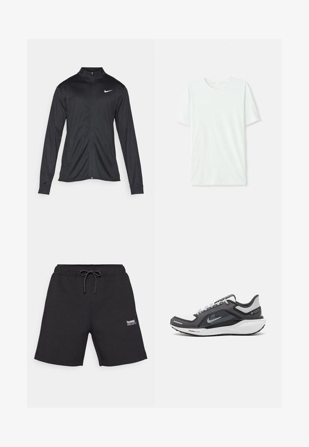 Melna sporta jaka ar garām piedurknēm, apkakli un pilnu rāvējslēdzēju. Uz kreisā krūts augšdaļas ir maigs Nike logo baltā krāsā. Gluda tekstūra.; Gai mints zaļš īsu piedurkņu T-krekls, izgatavots no mīkstas auduma. Tam ir apaļa kakla izgriezuma forma un vienkāršs, taisns griezums bez rotājumiem.; Melni kokvilnas šorti ar elastīgu jostu, auklu un logotipa detalizāciju. Taisns griezums ar sadrukātām malām, ideāli piemēroti ikdienas valkāšanai.; Melnas un pelēkas sporta kurpes ar tīklu augšdaļu, atstarojošiem akcentiem un baltu starpzoli. Aprīkotas ar teksturētu gumijas zoli un šņorēm.