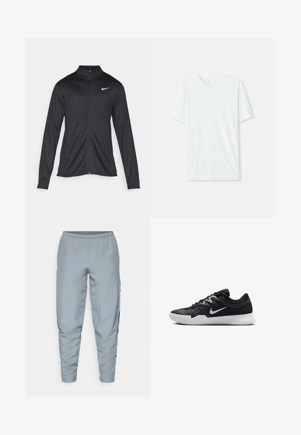 Zwarte sportjack met lange mouwen, kraag en volle rits. Voorzien van een subtiele Nike-logo in het wit op de bovenste linkerborst. Soepele textuur.; Licht mintgroen T-shirt met korte mouwen, gemaakt van zachte stof. Het heeft een ronde halslijn en een simpele, rechte snit zonder versieringen.; Lichtgrijze sportbroek met elastische tailleband, taps toelopende pijpen en zwarte zijstrepen voor extra detail. Glad, lichtgewicht materiaal.; Zwarte sportieve schoen met een gestructureerde bovenkant, witte Nike swoosh en een witte rubberen zool. Beschikt over een veterontwerp en een dynamische vorm.