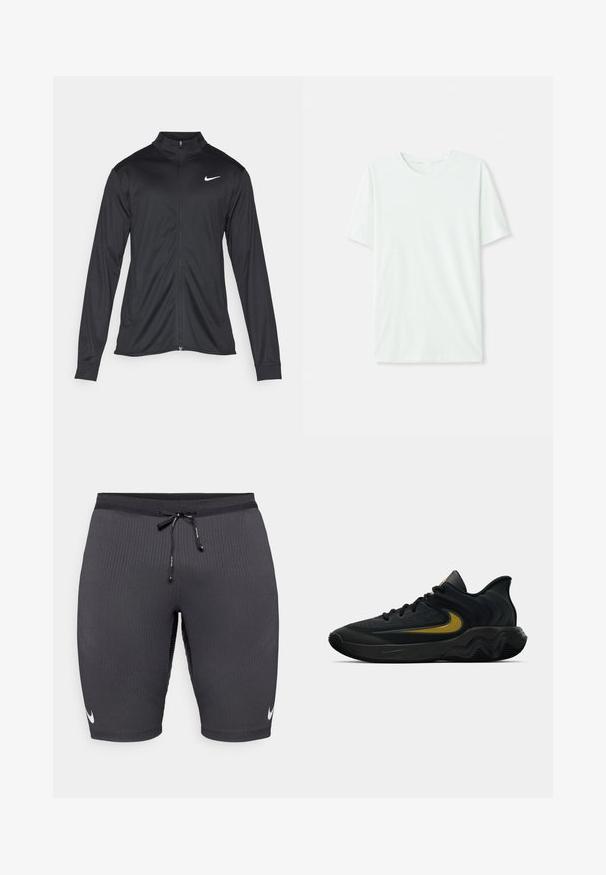 Giacca sportiva nera con maniche lunghe, colletto e zip completa. Presenta un logo Nike in bianco sulla parte superiore del lato sinistro del petto. Tessuto morbido.; T-shirt corto a maniche corte di un leggero verde menta, realizzato in tessuto morbido. Presenta un colletto a girocollo e una silhouette semplice e dritta senza decorazioni.; Pantaloni sportivi neri realizzati in tessuto a costine, dotati di una cintura con cordino e un piccolo logo Nike bianco sul lato sinistro.; Scarpa da ginnastica nera e grigia scura con lacci neri e logo swoosh dorato, caratterizzata da un design della suola ondulato e un colletto del tallone imbottito.