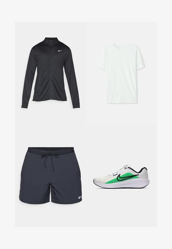 Crna sportska jakna s dugim rukavima, ovratnikom i punim patentnim zatvaračem. Ima suptilan Nike logo u bijeloj boji na gornjem lijevom dijelu prsne oznake. Glatka tekstura.; Svijetlo mint zelena majica kratkih rukava izrađena od mekog materijala. Ima okrugli vrat i jednostavan, ravni kroj bez ukrasa.; Nike trkačke kratke hlače, tamno siva, elastični pojas s vezicom, bočne džepove, lagani materijal, s bijelim Nike logotipom na donjem rubu.; Bijela atletska obuća s zelenim akcentom, crnim logotipom, mrežastim gornjim dijelom, podstavljenom sole i zaobljenim petom. Sadrži vezice i kontrastne detalje.