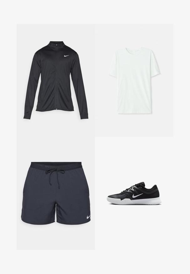 Svart idrottsjacka med långa ärmar, krage och full dragkedja. Har en diskret Nike-logga i vitt på övre vänstra bröstet. Slät yta.; Ljus mintgrön t-shirt med kort ärm gjord av mjukt tyg. Har rundad halsringning och en enkel, rak passform utan utsmyckningar.; Nike löparshorts, mörkgrå, elastisk midja med dragsko, sidfickor, lättviktig tyg, med en vit Nike-logotyp på nederkanten.; Svarta träningsskor med en texturerad ovandel, vit Nike-logga och en vit gummisula. Har snörningsdesign och en dynamisk form.
