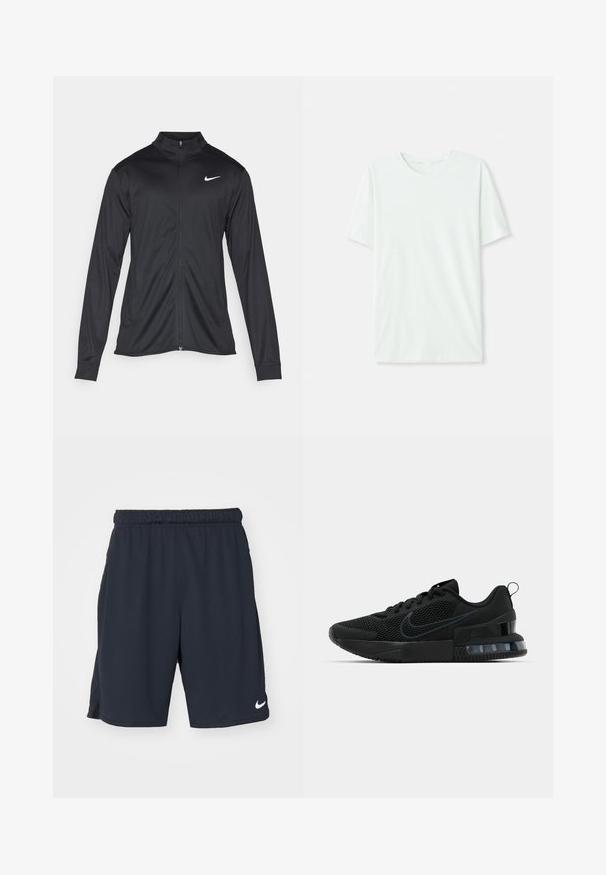 Čierna športová bunda s dlhými rukávmi, golierom a plným zipsom. Obsahuje nenápadné logo Nike v bielej farbe na hornej ľavej hrudi. Hladká textúra.; Svetlo mentolová kráťacia tričko s krátkym rukávom vyrobené z jemnej látky. Má okrúhly výstrih a jednoduchý, rovný strih bez ozdôb.; Námornícke športové šortky vyrobené z polyesteru s elastickým pásom, bočnými vreckami a bielym logom Nike na dolnej ľavej nohe.; Čierna atletická obuv Nike so sieťovinovým zvrškom, gumovou podrážkou, polstrovaným golierom a výrazným priehľadným akcentom na podpätku.